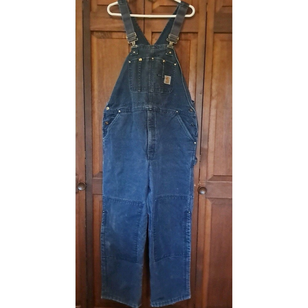 Carhartt R02 Navy Quilt Lined Canvas Double Knee Bib Overalls 42x30 Distressed